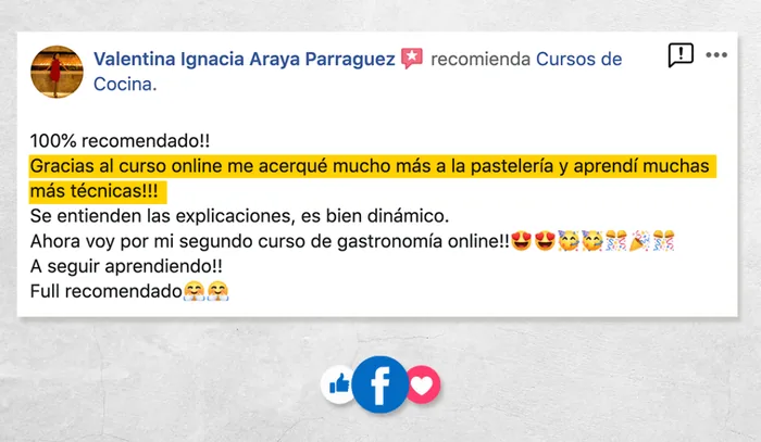 Reseña real en Facebook de una alumna del curso