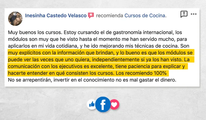 Reseña real en Facebook de una alumna del curso