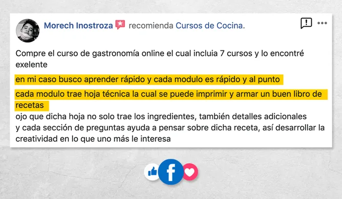 Reseña real en Facebook de una alumna del curso