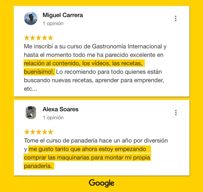 Reseña real en Google de una alumna del curso